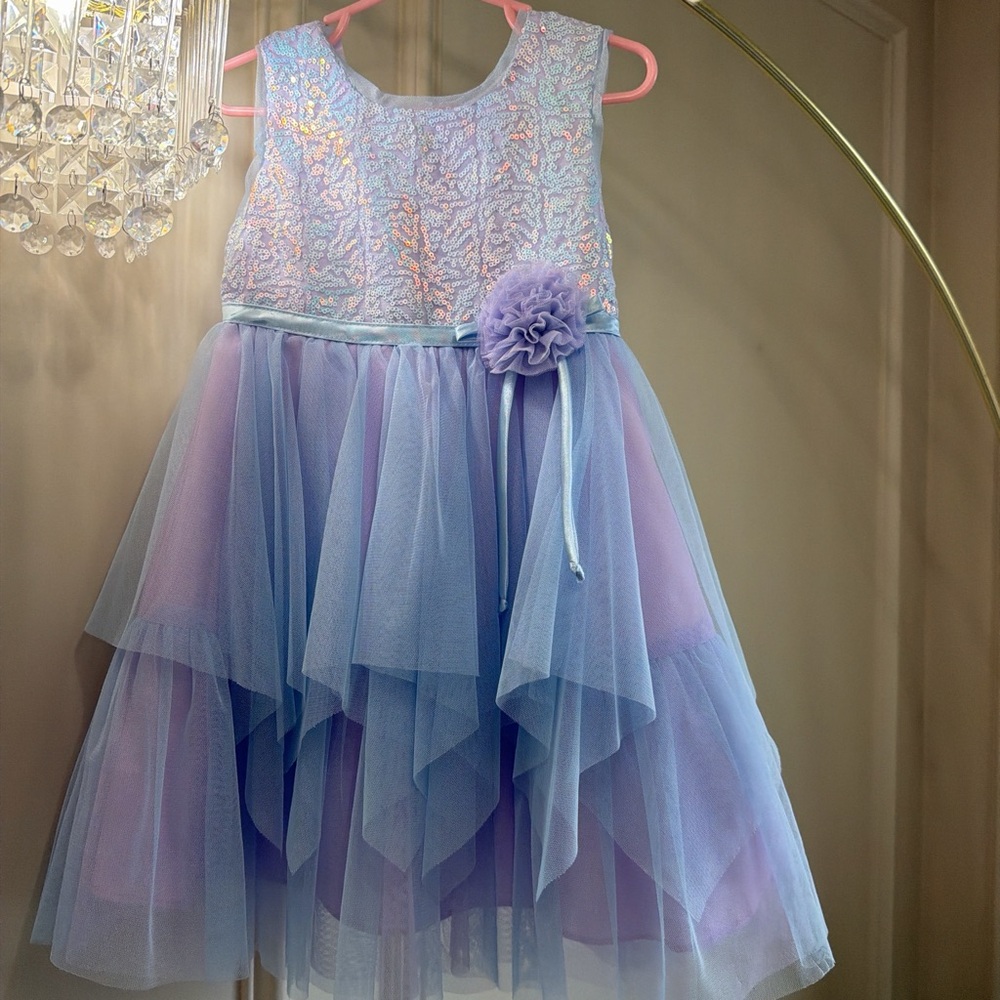EUC 3t Jona Michelle Lavender & Light Blue Layered Tulle Sequin Rosette Dress